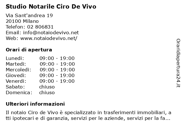 Orari di apertura Studio Notarile Ciro De Vivo Via sant andrea